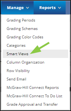 arrows indicate the link for Smart views in the grade center